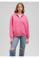 هودی زنانه کلاهدار ماوی اورجینال Pink Basic Sweatshirt with Blue Zipper Hooded mavi