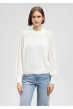 ژاکت زنانه آستین بالون ماوی اورجینال Blue Balloon Sleeve White Sweater Standard mavi