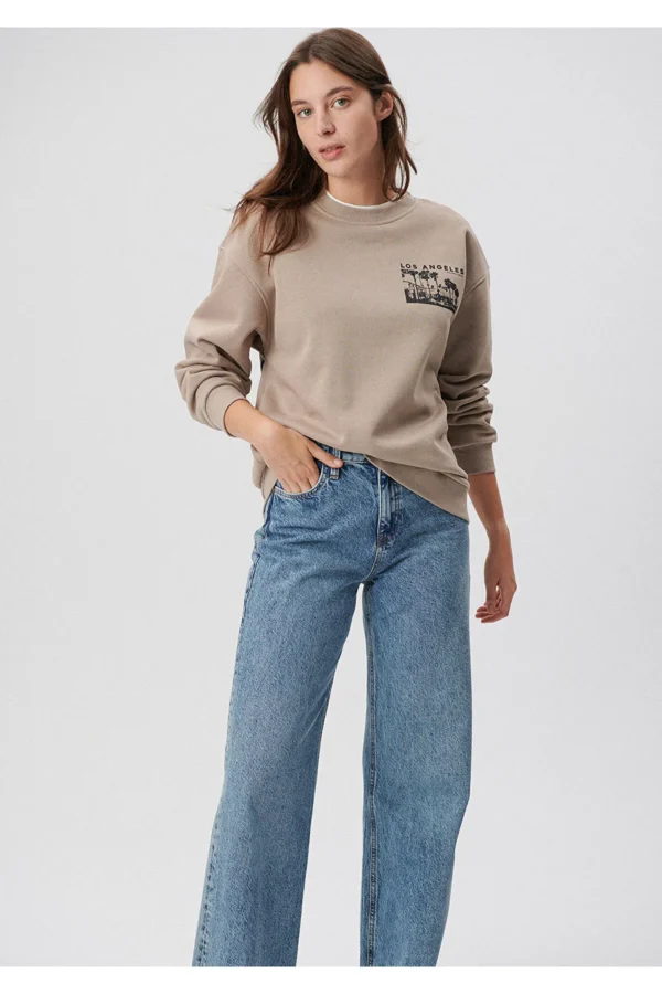 سویشرت زنانه بژBlue Crew Neck Beige Sweatshirt mavi